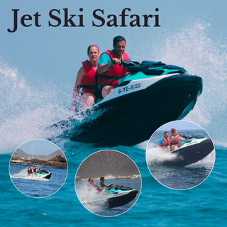 JET SKI SAFARI CORRALEJO Un grupo disfruta de un safari en moto de agua, saltando sobre las olas.