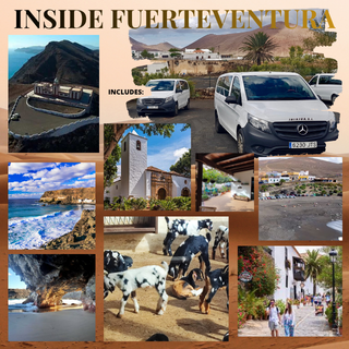 INSIDE FUERTEVENTURA Collage de paisajes y cultura de Fuerteventura, con playas, vehículos y escenas locales.