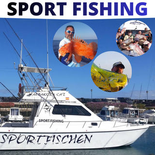 PESCA DEPORTIVA Barco de pesca deportiva con pescadores y varios tipos de peces en el agua.