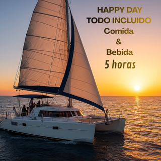 HAPPY DAY CATAMARAN Catamarán en el mar al atardecer, con texto sobre un evento de 5 horas.